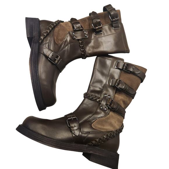 Free People Billie Buckle Forest green leather Moto boots size 8 - Picture 2 of 7